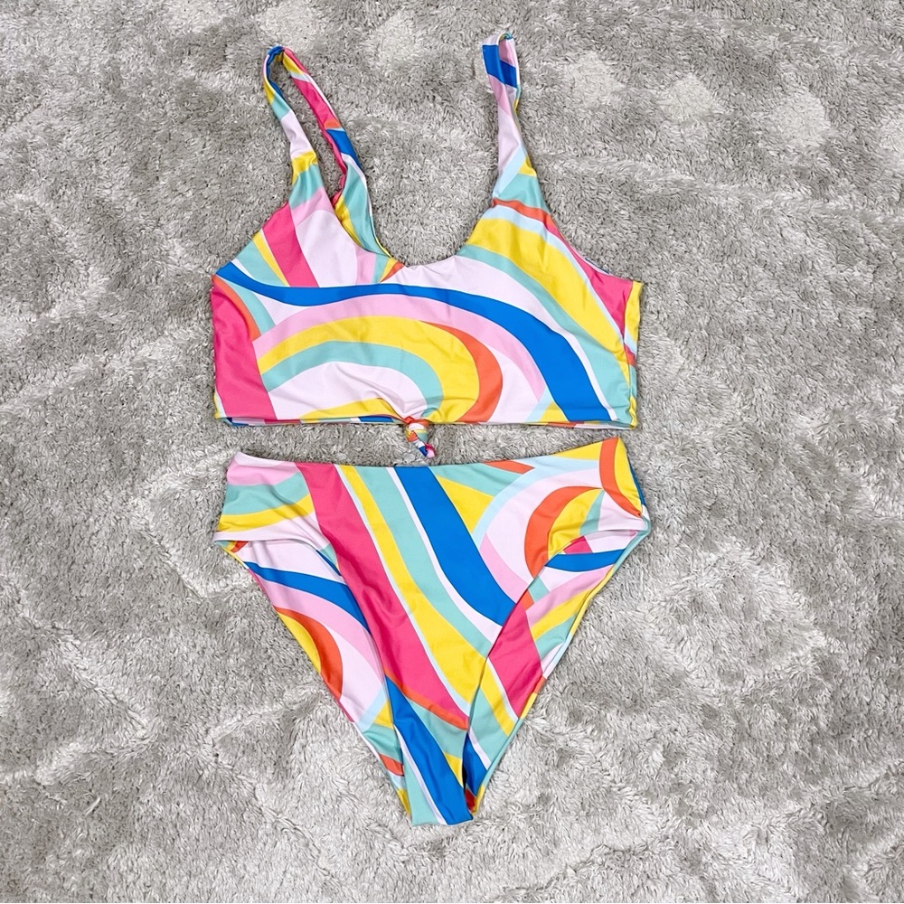 ZAFUL | Colorful High Waisted Bikini Scoop Neck Tie Front Bikini size XL